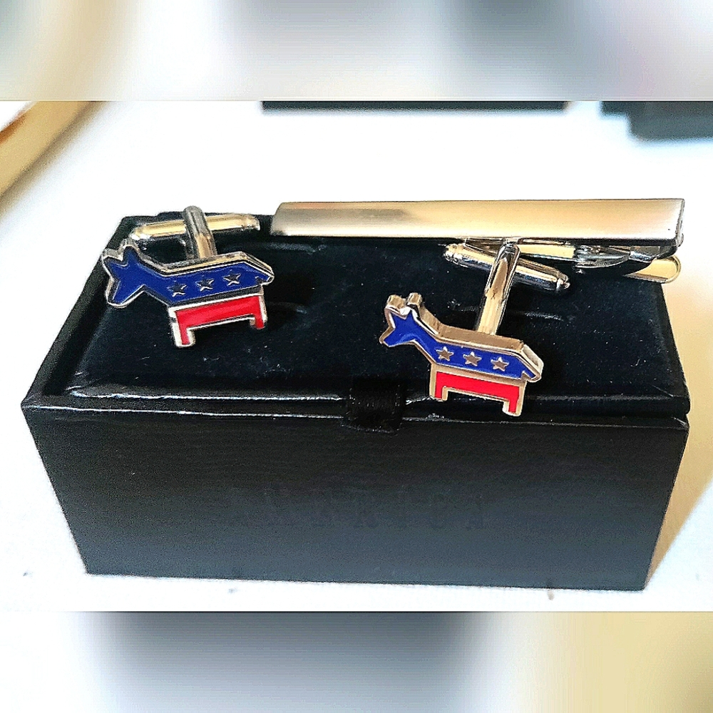 Democratic Party Cufflinks & Tie Bar! America Gift Box. Donkey. Stainless Steel